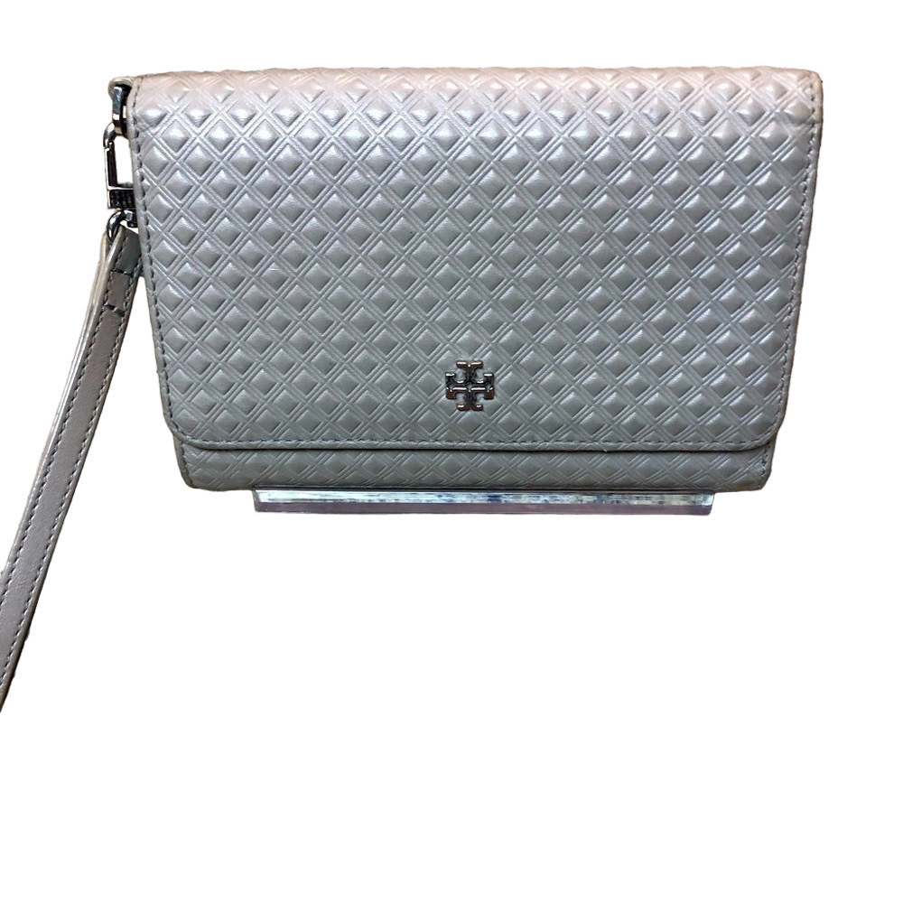 Tory Burch Marion Embossed Leather Convertible Clutch Wristlet, Taupe